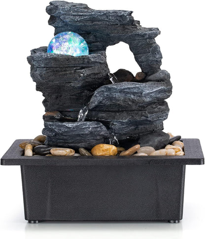 Amootek Table Top Fountain Spin Ball Rock Waterfall Fountain Office Table Top Fountain Includes Many Natural River Rocks Decorated with Colorful Lights and Rollers 9.05" L x 6.95" W x 10.25" H