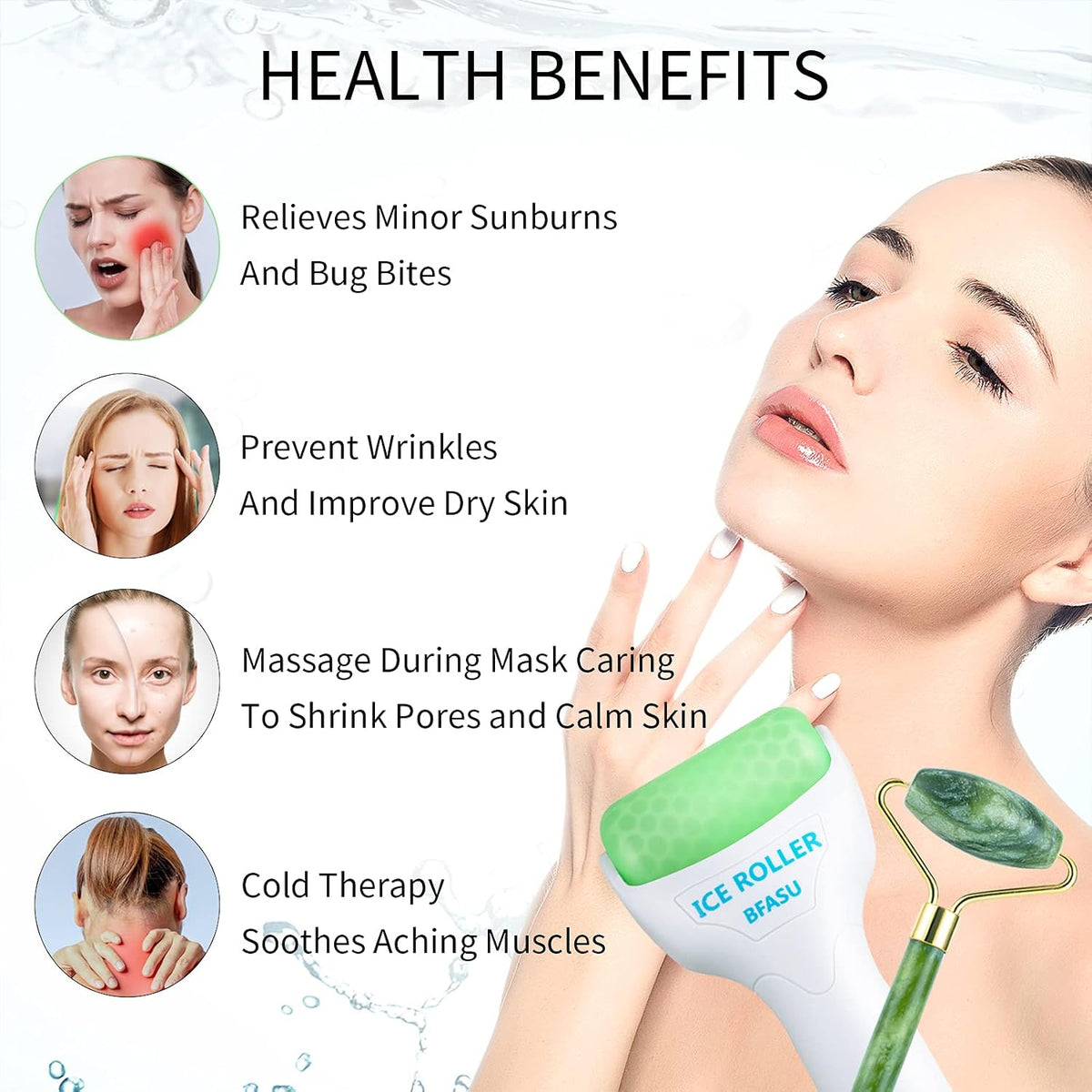 Facial Roller Set of 3, Ice Roller, Two-Sided Jade Roller and Gua Sha Massage Tool, Rolling Tool for Facial Beauty and Body Massage, Helps Reduce Puffy,Skin Care Gifts (Green)