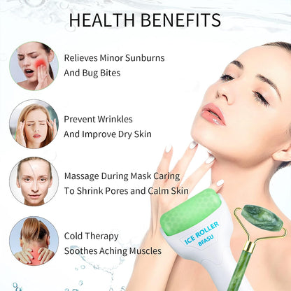 Facial Roller Set of 3, Ice Roller, Two-Sided Jade Roller and Gua Sha Massage Tool, Rolling Tool for Facial Beauty and Body Massage, Helps Reduce Puffy,Skin Care Gifts (Green)
