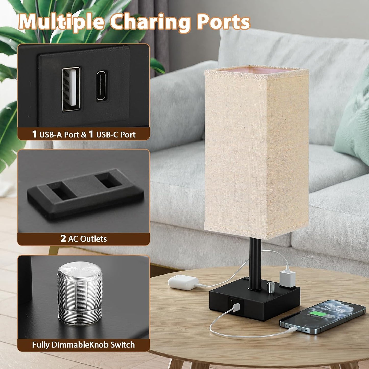 Bedside Table Lamps Set of 2 for Bedroom - Dimmable, USB C+A, 2 AC Outlets