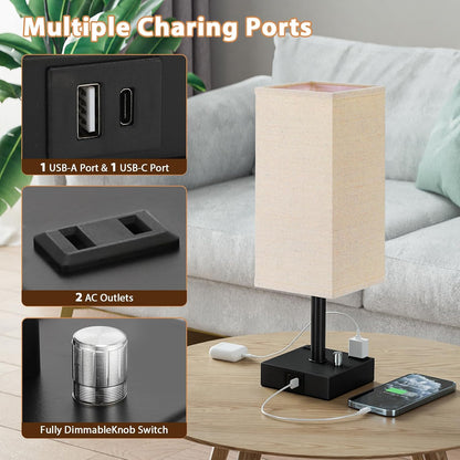 Bedside Table Lamps Set of 2 for Bedroom - Dimmable, USB C+A, 2 AC Outlets