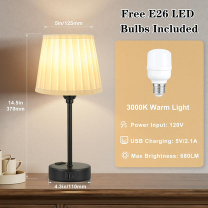 Mini Bedside Lamps for Bedrooms Set of 2 - Nightstand Bedroom Lamps with USB C Port and AC Outlet Charging, Dimmable Touch Small Bed Side Table Lamp, Black Night Stand Light for Kids/Guest Room