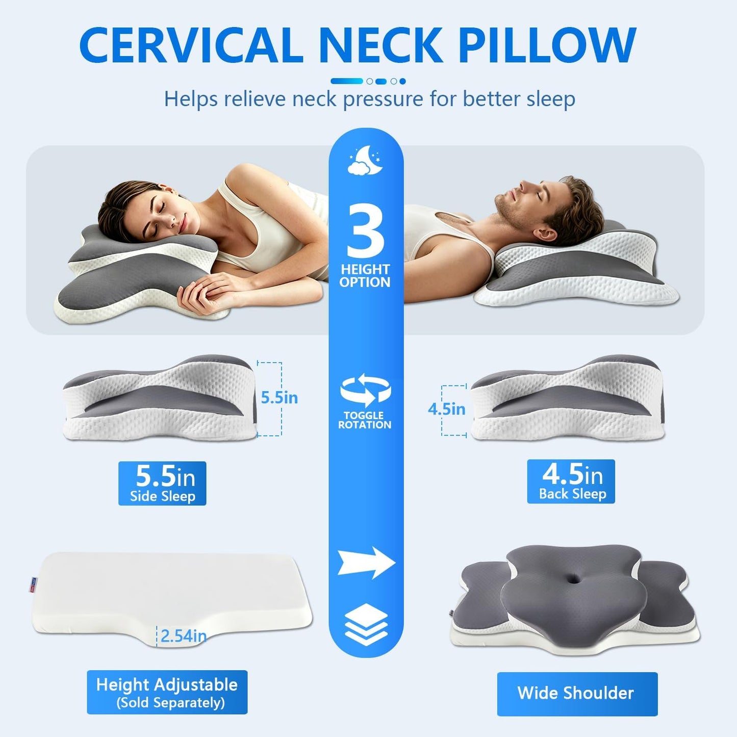 Ergo Pillow for Sleep Apnea, Neck Pain, and Snoring Relief | Cervical Neck Pillow for Neck Pain Relief & Side Sleeper | Orthopedic Memory Foam with Ergonomic Neck Support, Gray, Standard