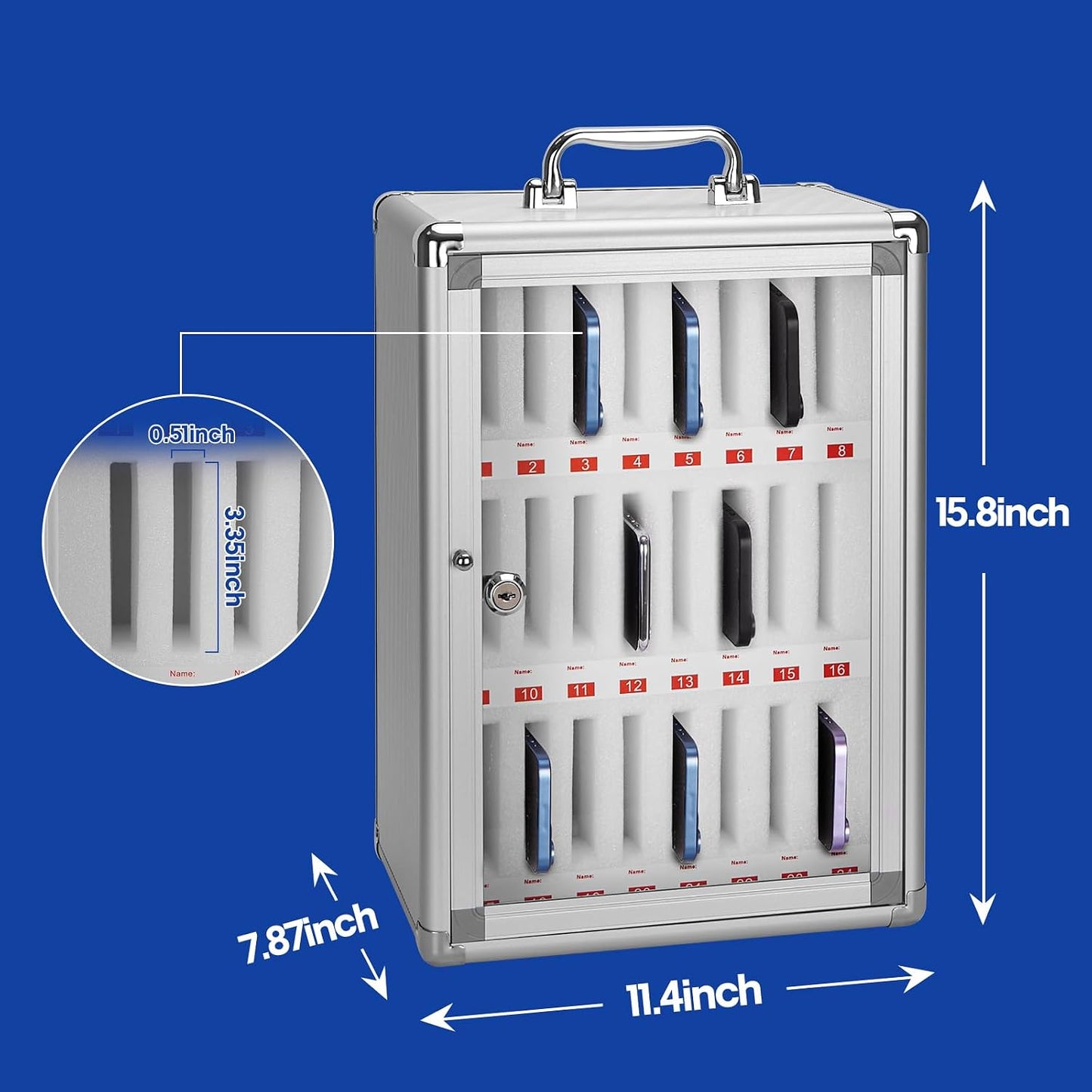 24 Slots Cell Phone Locker,Pocket Chart Cell Phones Storage Cabinet for Cell Phones,Wall-Mounted with a Locked, Lock Box for Phone with Handle for Enterprise & Classroom - Silver