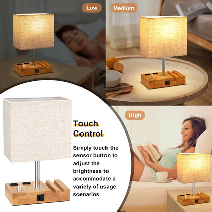 Kakanuo Fully Dimmable Nightstand Lamp for Bedroom with USB C Ports, Grey Small Bedside Table Lamp with Charging Outlets and Phone Stands, Wooden Desk Lamp for Living Room, LED Bulb Included