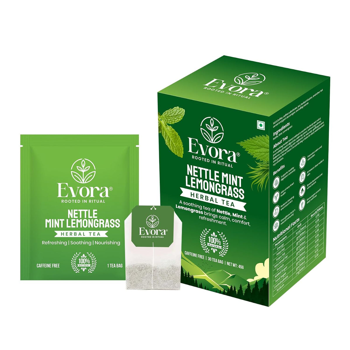 EVORA Nettle Leaf, Mint and Lemongrass Tea - 30 Ayurvedic Herbal Tea Bags