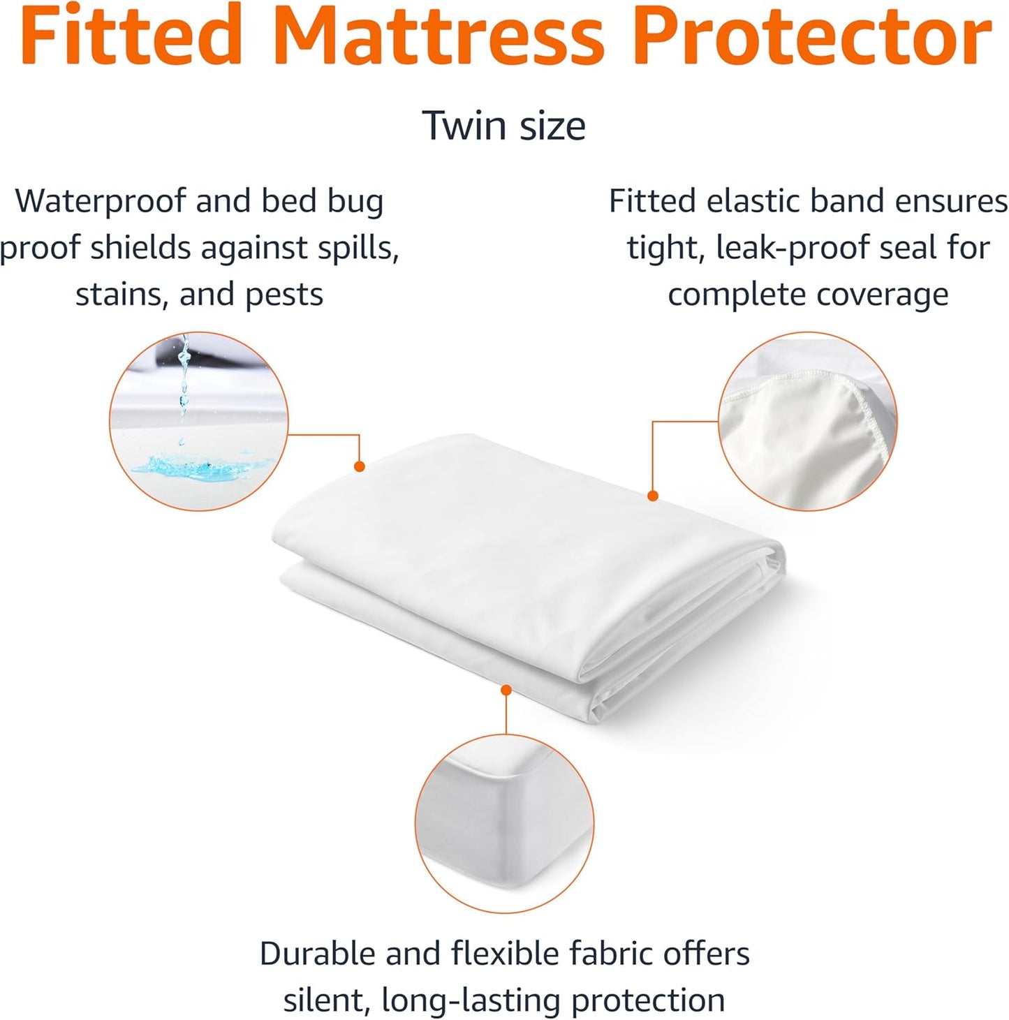 Amazon Basics Waterproof Mattress Protector, Fitted, Silent Protection, Twin, White