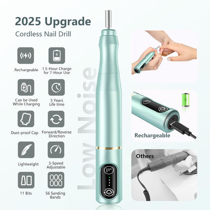 TUOBEO Cordless Nail Drill Electric Nail File Kit, Rechargeable Efile Set, Portable Acrylic Gel Nail Polish Remover Machine, Pedicure Manicure Tool, 11 Bits, 56 Sanding Bands, Salon Home, Purple