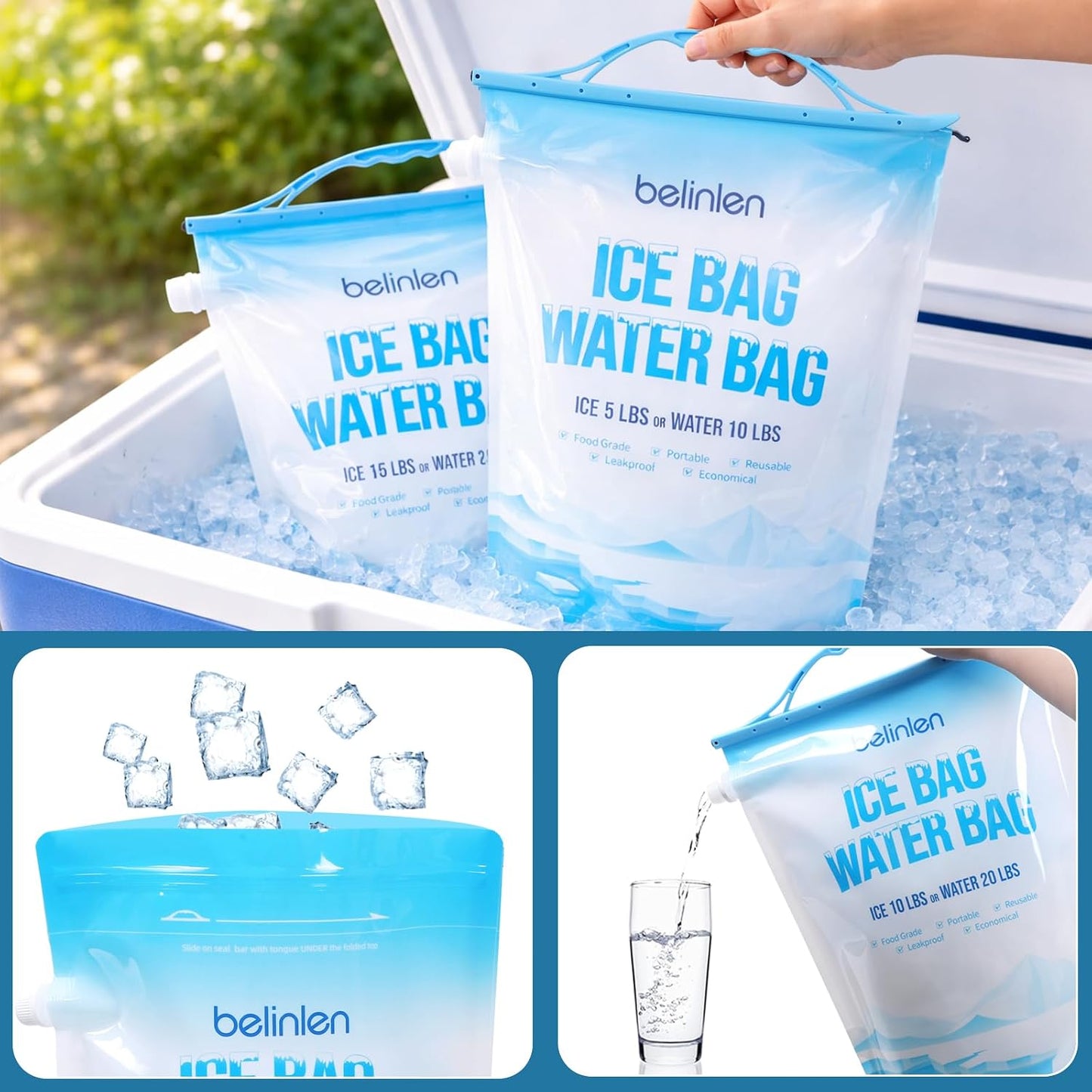 6 Pack Reusable Ice Bags for Cooler 5lb Cooler Ice Cube Bag with Sealed Sliding Handle