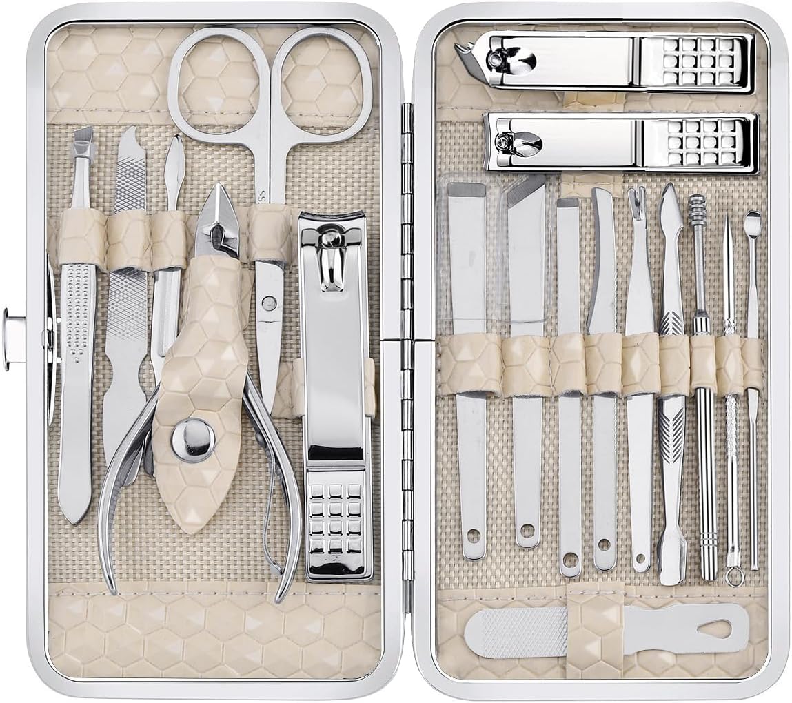 Yougai Manicure Set 18 Pieces Professional Nail Clippers Pedicure Kit Men Women, Stainless Steel Fingernail Toenail Cutters, Nail Care Grooming Tools with Leather Travel Case