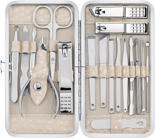 Yougai Manicure Set 18 Pieces Professional Nail Clippers Pedicure Kit Men Women, Stainless Steel Fingernail Toenail Cutters, Nail Care Grooming Tools with Leather Travel Case