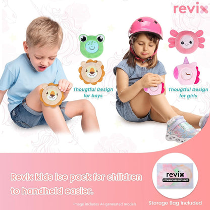 REVIX Kids Ice Packs - Reusable Gel Cold Packs for Toddlers and Babies, Soft Cloth Covers with 4 Cute Animal Designs, Hot & Cold Compress for Comfort, Soothing, Relaxation, and Everyday Bumps