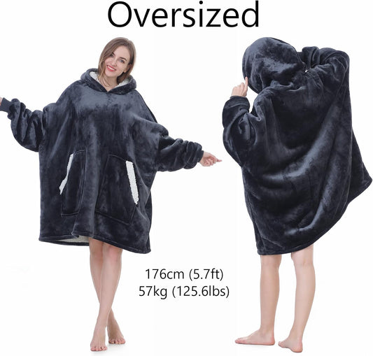 Kipswiza Wearable Blanket Hoodie Gifts for Women and Men, Oversized Cozy Warm Flannel Sherpa Hooded Blankets Sweatshirt with Giant Pockets for Adult and Teens, Dark Gray