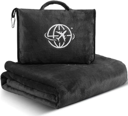 2-in-1 Travel Blanket and Pillow – Lightweight, Compact, Ultra Soft, Machine Washable – Handle, Luggage Sleeve, Backpack Clip – for Travel Airplane, Car, Office (Gray)
