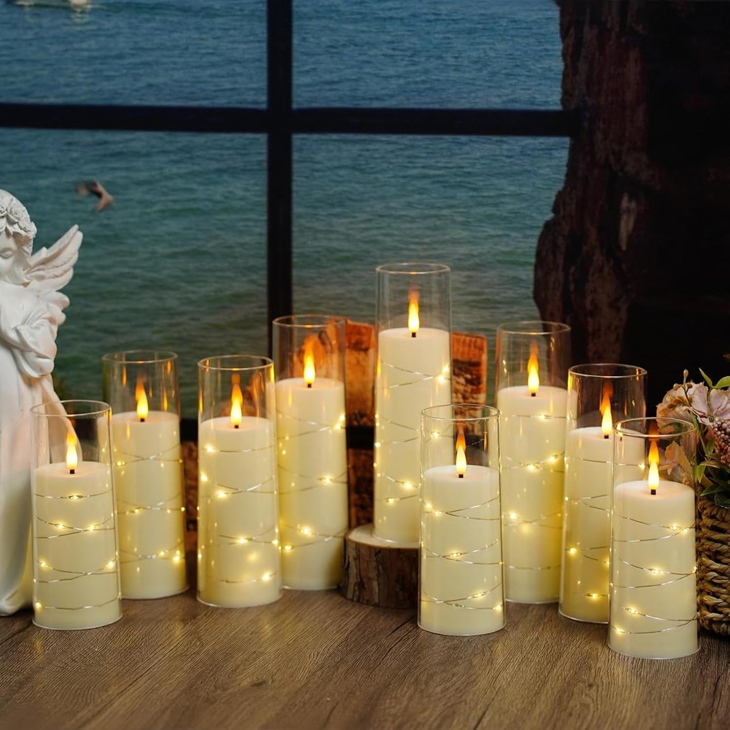 Nimiko Flickering Flameless LED Candles,Battery Operated Candles 24 Pcs with Embedded Star String,Acrylic LED Pillar Candles with Remote,Suitable for Home Decoration to Create an Atmosphere (White)