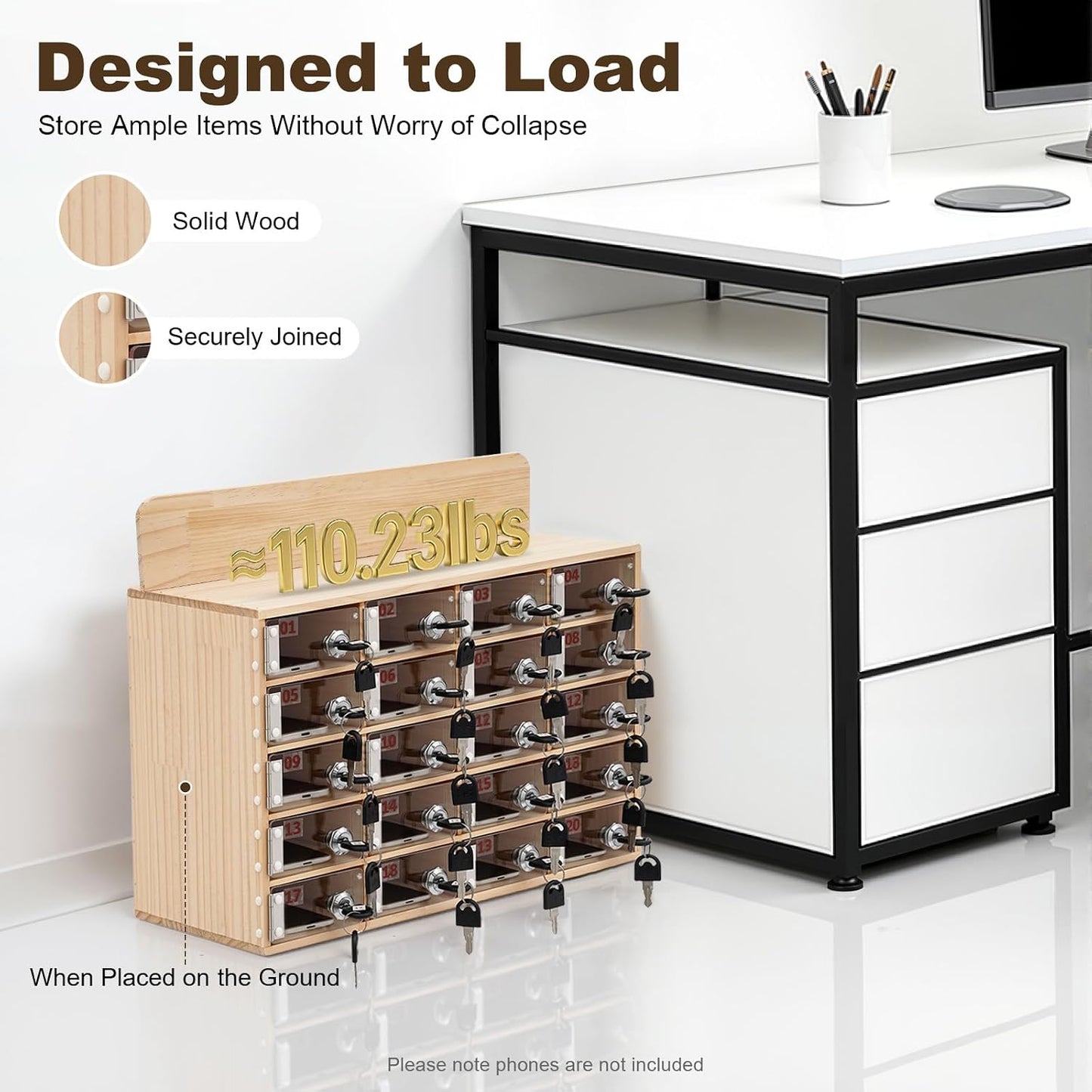 20-Slot Cell Phone Locker Box, Wood/Acrylic, Wall/Desk with Locks and Keys