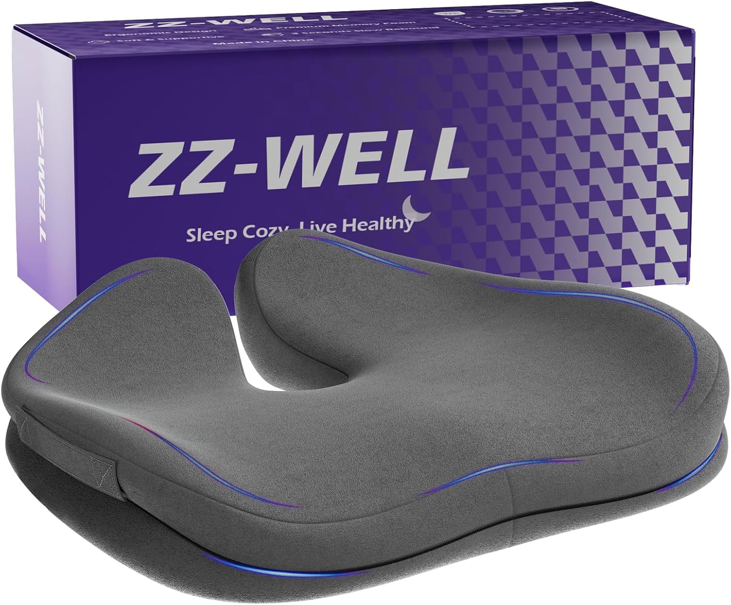 ZZ-WELL Seat Cushion for Office Chairs, Black, 21.2 Inches | Coccyx Cushion for Tailbone Pain, Memory Foam, Extra Large Thick, Patented Pressure Relief, Computer Gaming Chair