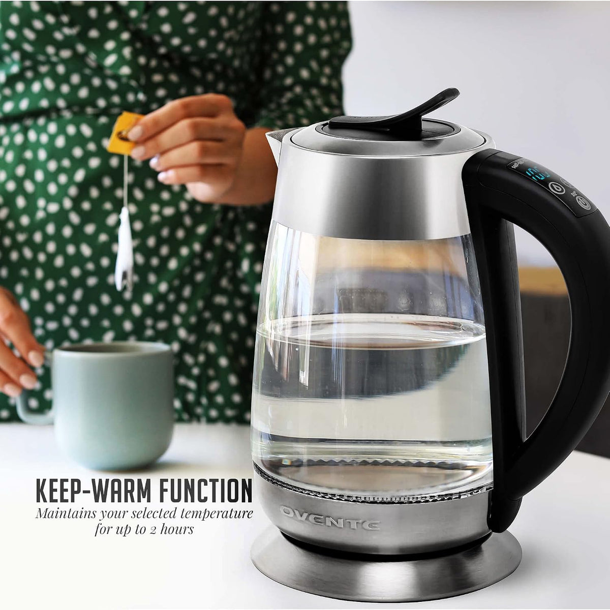 OVENTE 1.8L Glass Electric Kettle with Tea Infuser, Silver KGD752S