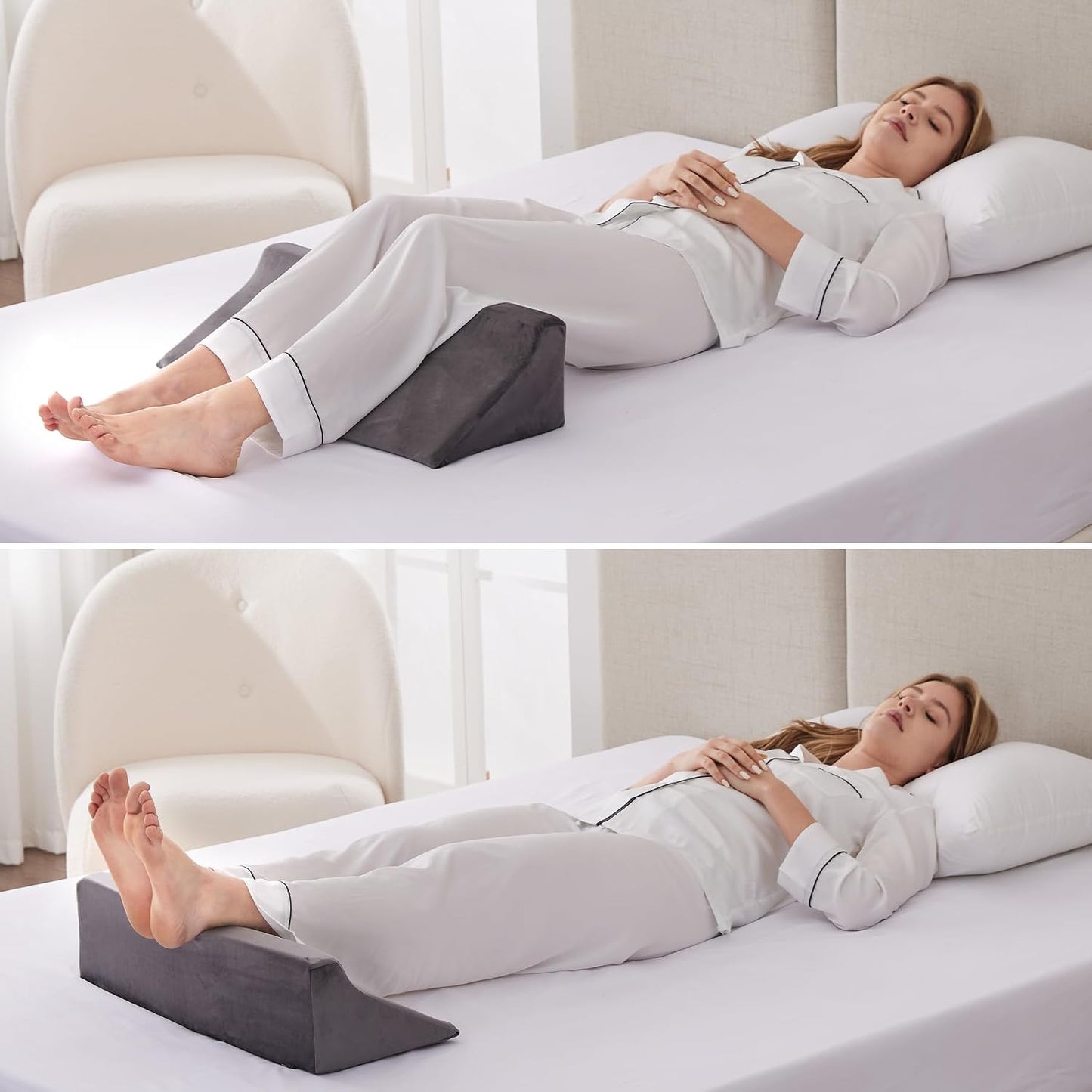 Bedluxe Knee Pillow for Back Sleeping, Leg Pillow Knee Wedge Pillow, Memory Foam Wedge Pillows for Legs Post Surgery, Triangle Pillow for Knee Support, Leg Elevation, Knees Hip Back Pain Relief, White