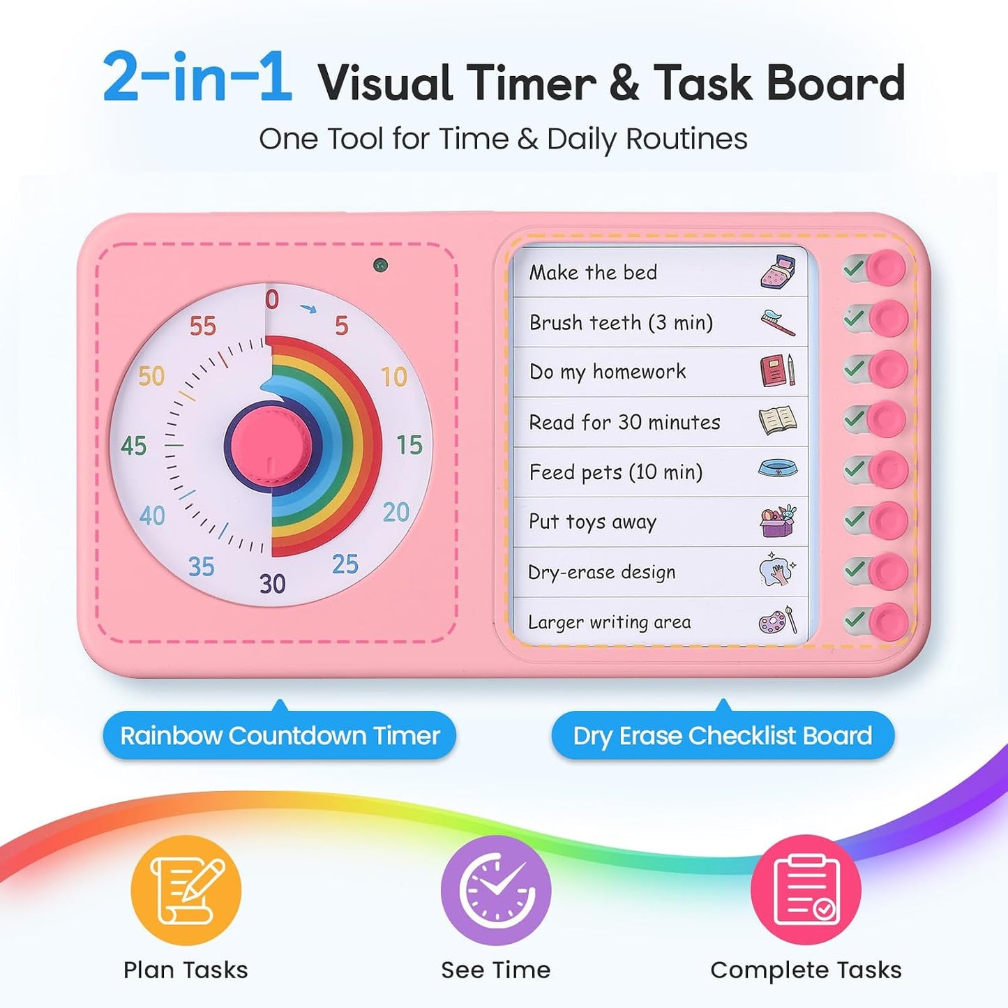 2-in-1 Visual Timer with Task Board for ADHD & Autism, Dry Erase Chore Chart and Visual Schedule for Kids & Adults, Rainbow Countdown Timer for Classroom, Home, Homeschool (White)