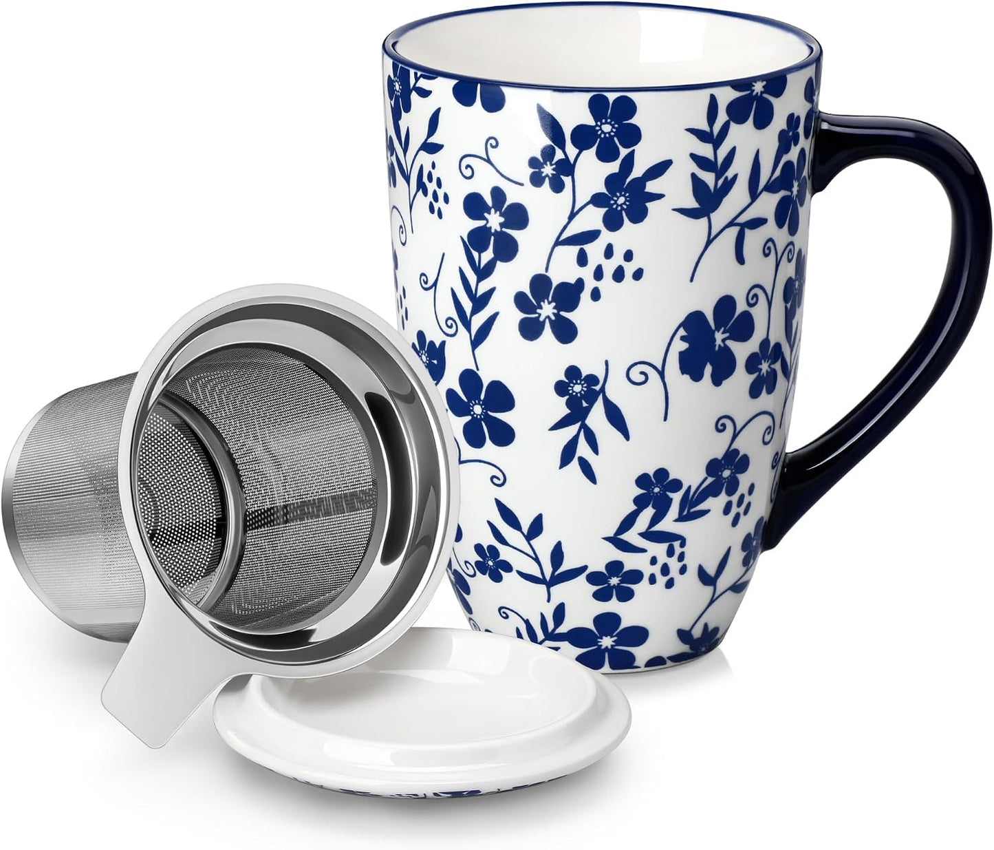vancasso SELENE Porcelain Tea Mug, 18 oz Porcelain Tea Cup with Infuser and Lid Steeps Loose Leaf Tea, Microwave & Dishwasher Safe, Blossom Cluster