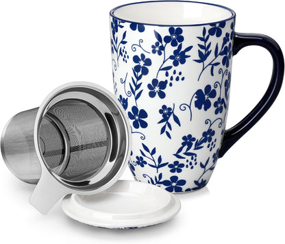 vancasso SELENE Porcelain Tea Mug, 18 oz Porcelain Tea Cup with Infuser and Lid Steeps Loose Leaf Tea, Microwave & Dishwasher Safe, Blossom Cluster