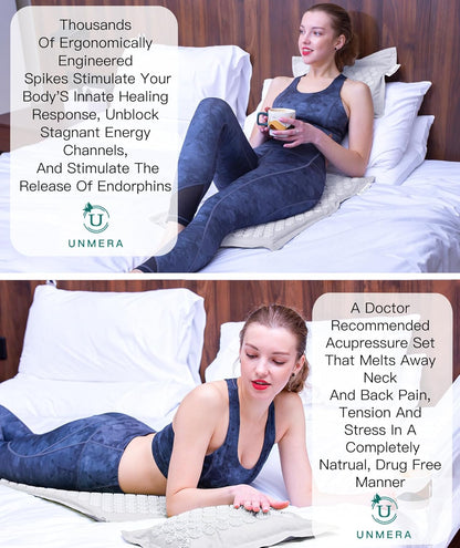 UNMERA Acupressure Mat and Pillow Set,Natural Premium Linen & Coconut Fiber Filling,for Back/Neck Pain Relief, Sciatic, Headache and Muscle Relaxation, Comes with Carrying Bag