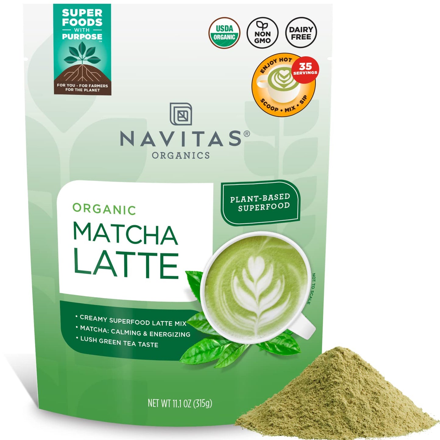 Navitas Organics Instant Matcha Latte Mix – Simple & Convenient Blend For Sweet & Creamy Latte – Mix With Water – Dairy Free & Low Sugar – USDA Organic, Non GMO, Gluten Free (11.1oz. Bag, 35 Servings)