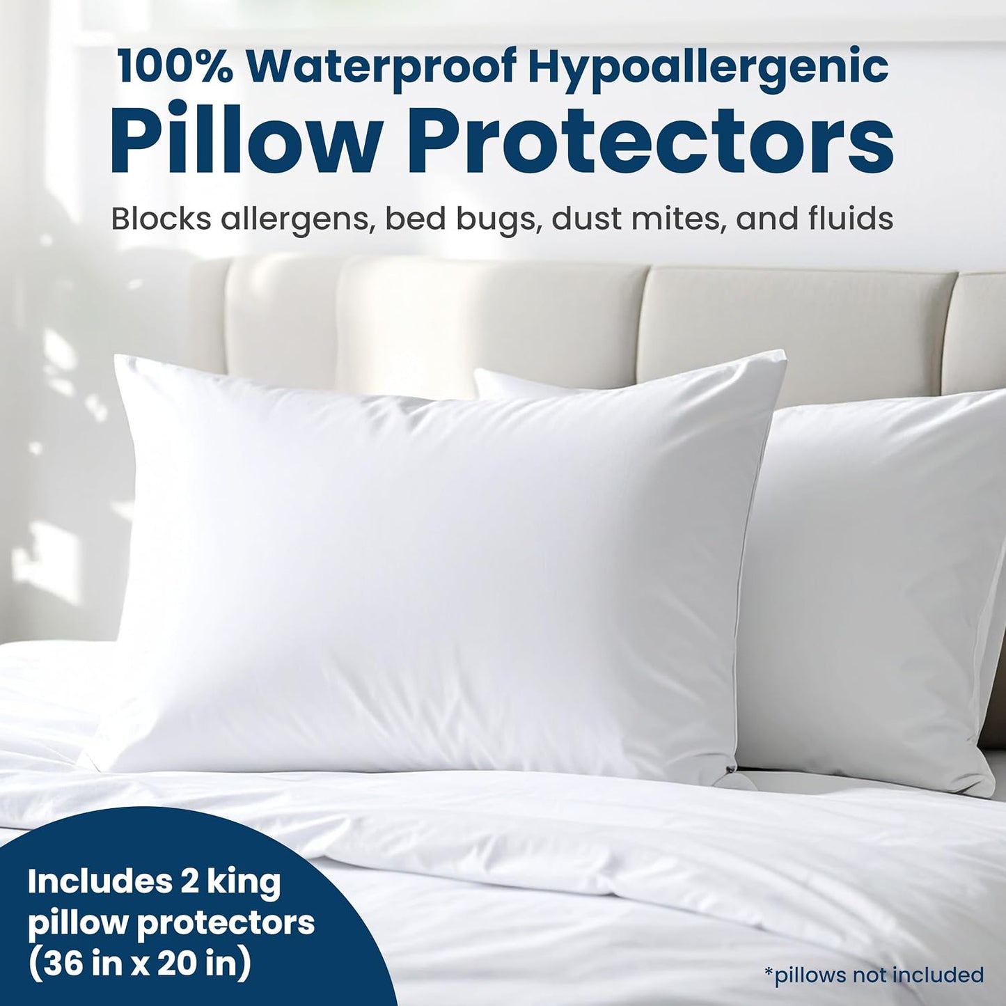 100% Stain Resistant & Waterproof Standard Size Pillow Protectors with Zipper Set of 2 - Bed Bug & Dust Mite Proof White Pillowcases - Breathable, Comfortable Covers for Pillows, 21 x 27 Inches
