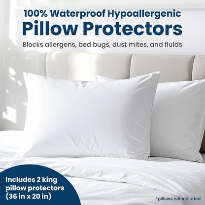 100% Stain Resistant & Waterproof Standard Size Pillow Protectors with Zipper Set of 2 - Bed Bug & Dust Mite Proof White Pillowcases - Breathable, Comfortable Covers for Pillows, 21 x 27 Inches