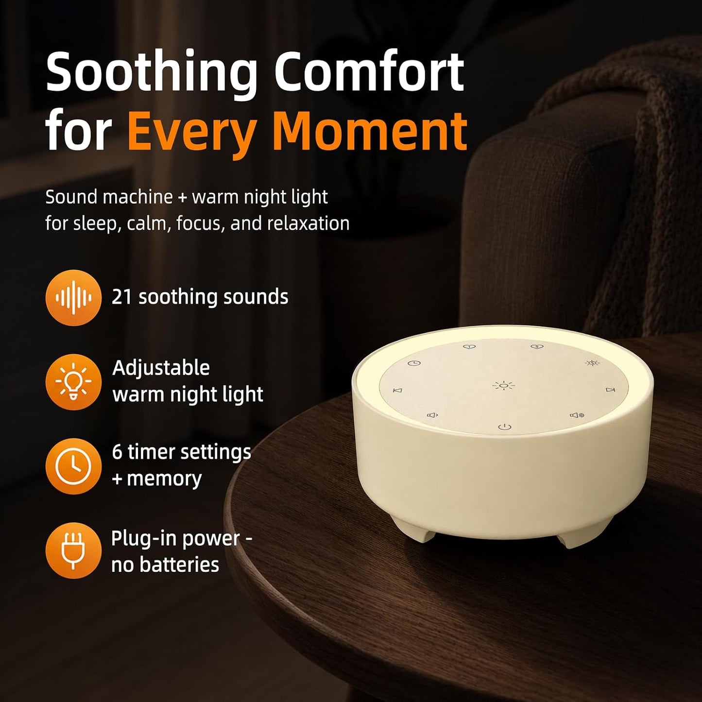Kipcush White Noise Machine for Sleeping – High-Fidelity Non-Looping Sounds, Dimmable Night Light, USB Powered, Sleep Sound Machine for Baby, Kids & Adults (A - Model White+, Standard)
