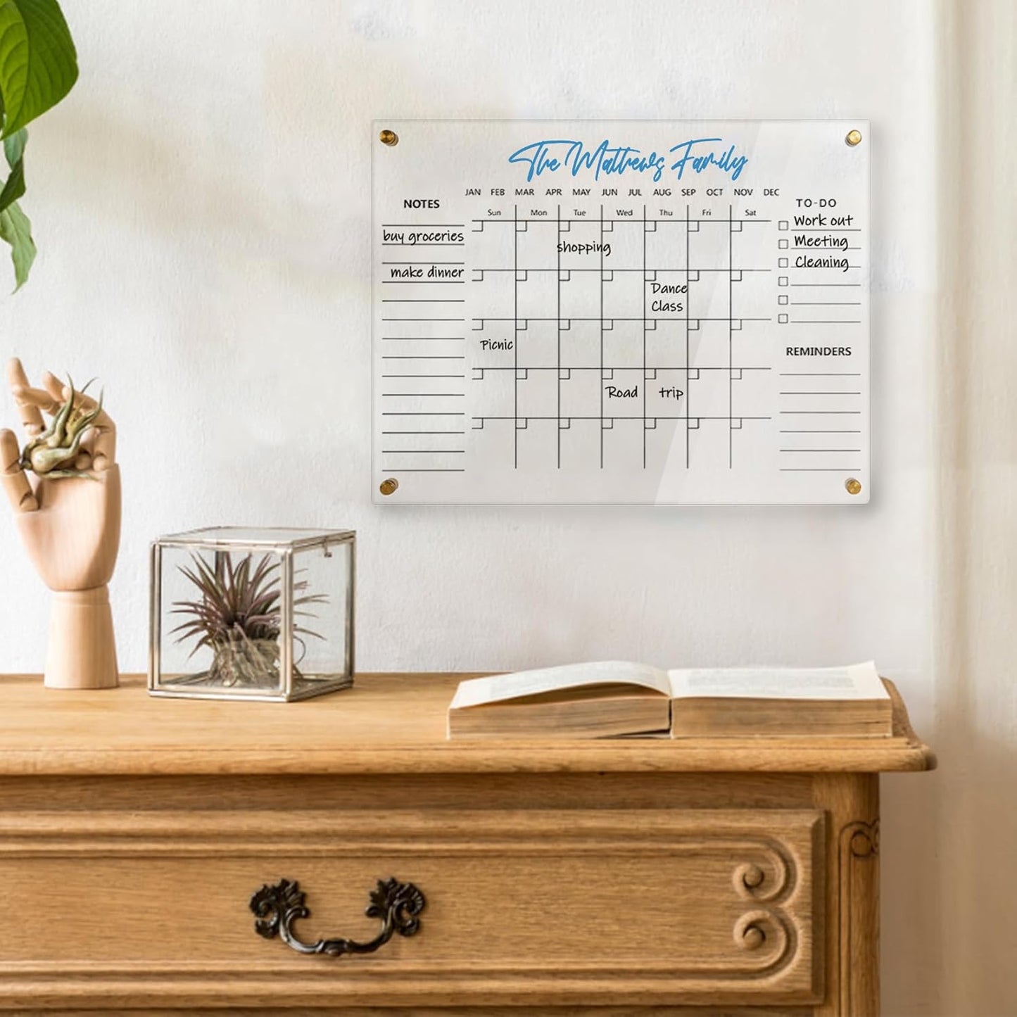 Black Acrylic Calendar Dry Erase for Wall, Family Planner, Monthly Calendar Dry Erase Whiteboard for Home, Office, 17" x 13"Reusable White Board(Acrylic-BK-3343)
