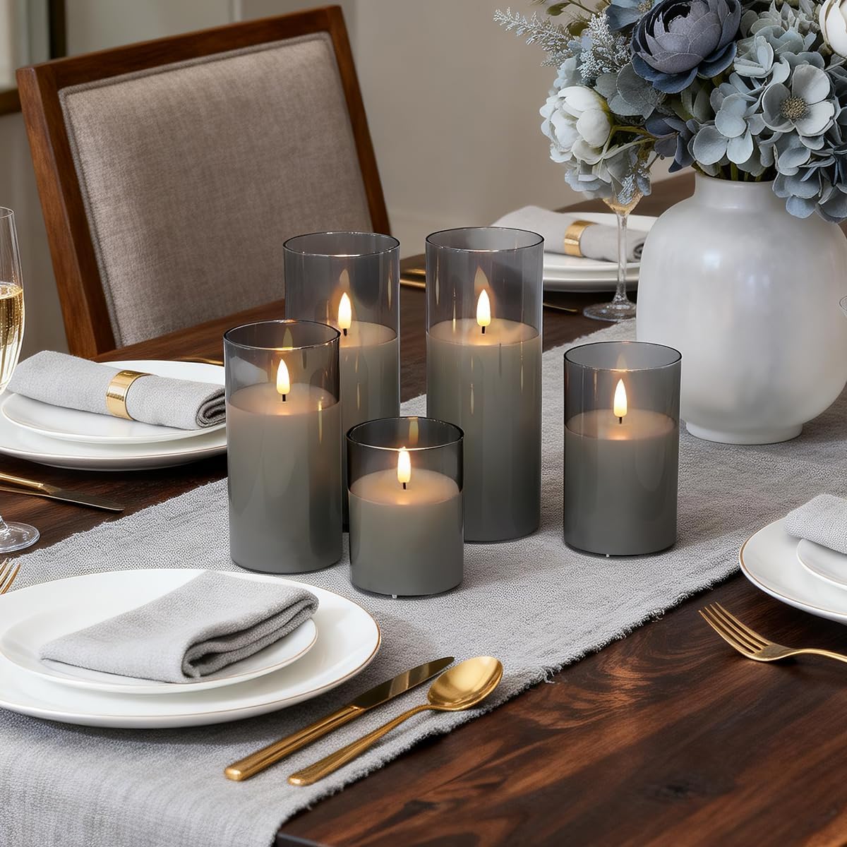 LEDHOLYT Rechargeable Flameless Glass Pillar Candles–Gifts for Women,–Set of 3, Realistic Flickering LED Flame,Remote & Timer, Ideal for Living Room, Bedroom & Halloween Festival Home Party Decor