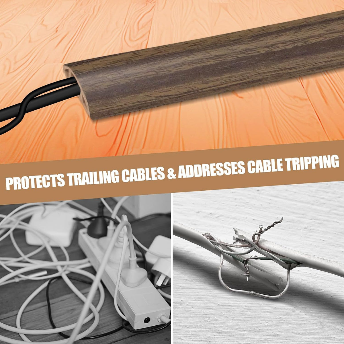 Floor Cord Cover Self Adhesive Cord Hider,10FT Cable Management, Extension Strip Protector for Wires, Prevent Cable Trips for Offices, Gyms, Exhibitions Cavity 0.39"(W) x 0.27"(H) BrownWood