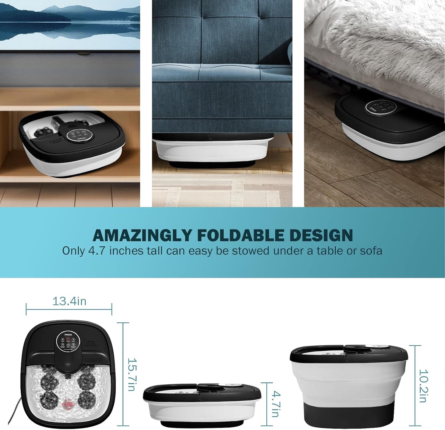 KNQZE Collapsible Foot Spa Bath with Heat & Remote Control, Bubble Massage, Temperature Control, Red Light, Timer, 16 Rollers & Pumice Stone for a Soothing Spa Experience