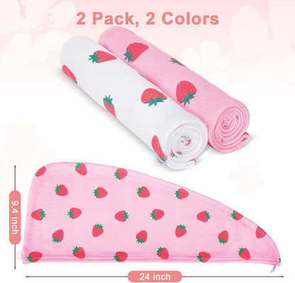Unicorn Castle Microfiber Hair Towel for Kids 2Pack Hair Wrap Towels Absorbent Hair Drying Towel Wrap Hair Turbans for Curly Thick Hair, Pink White Strawberry