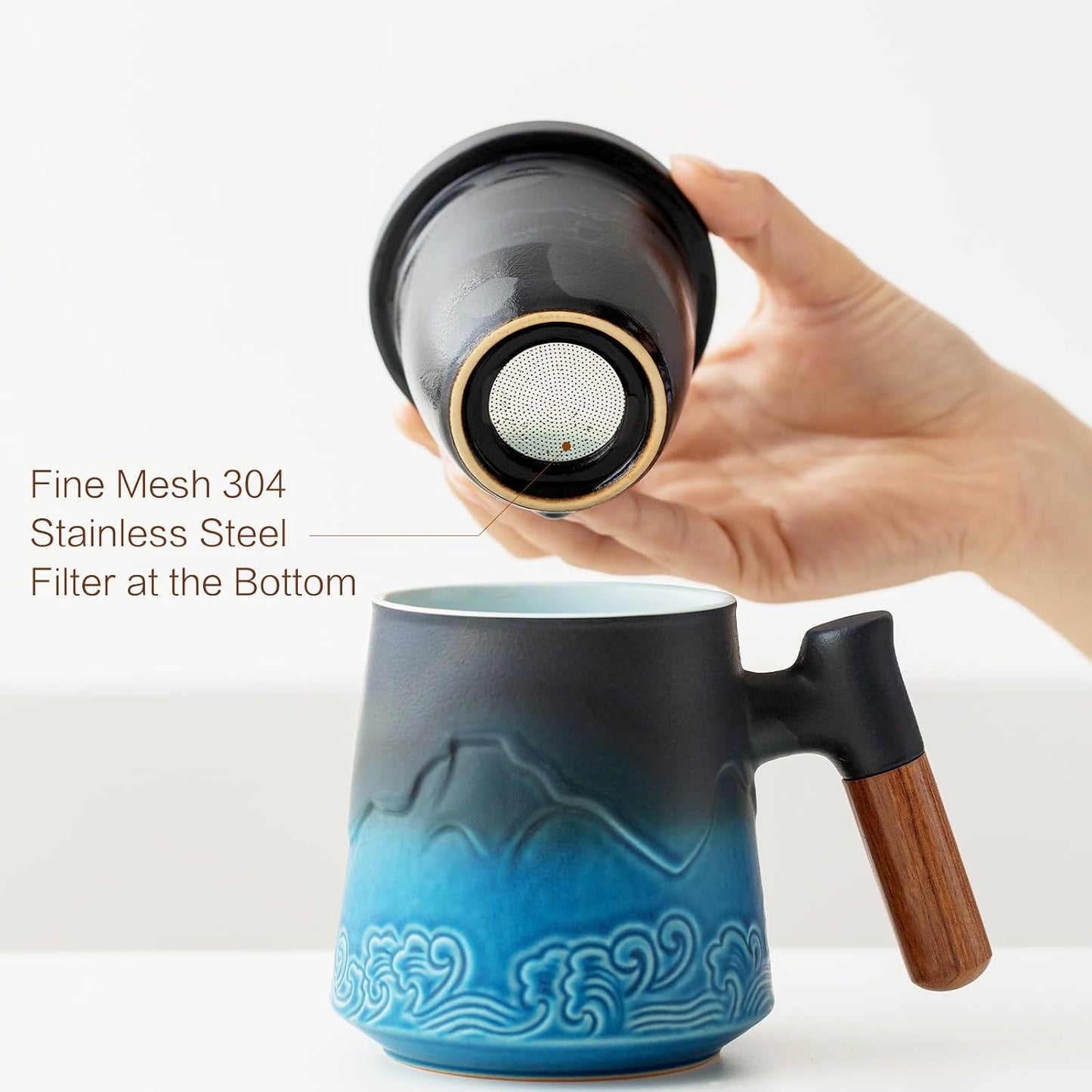 ZENS Embossed Ceramic Tea Mug with Infuser and Lid, 14.5 oz Wooden Handle, Loose Leaf Tea Steeper Cup & Strainer for Tea Lovers Gifts