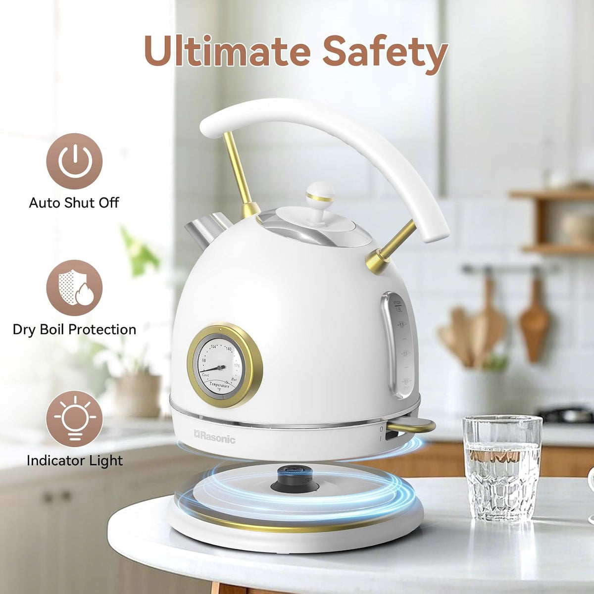 Rasonic Retro Electric Kettle Stainless Steel, 1.8L Tea Water Boiler, 1500W Fast Quiet Boil, Temperature Gauge, Auto Shut-Off, Boil-Dry Protection, Matt Black and Rose Gold