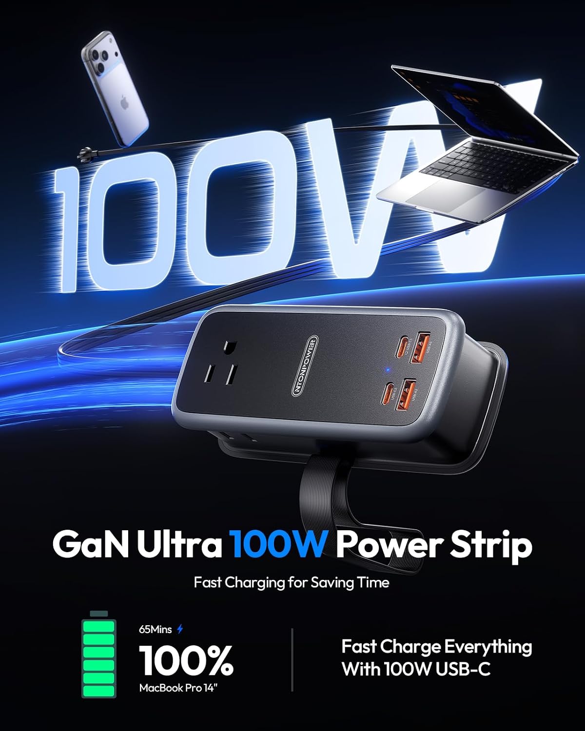 NTONPOWER GAN Ultra 65W USB Charging Station, 7 in 1 Travel Power Strip with 3 Outlets 4 USB (2 USB C), Extension Cord 4ft, Travel Essentials, Cruise Power Strip Compatible with MacBook, iPhone, White