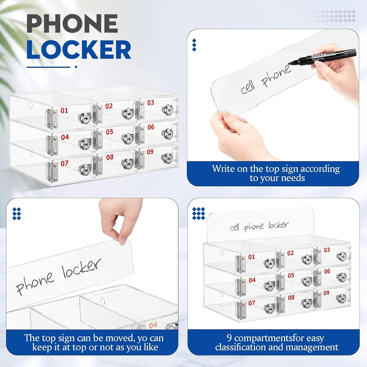 Threan 12 Slot Cell Phone Storage Box, Acrylic Clear Cell Phone Storage Cabinet Wall Mounted with Door, Locks and Keys for Office School Factory