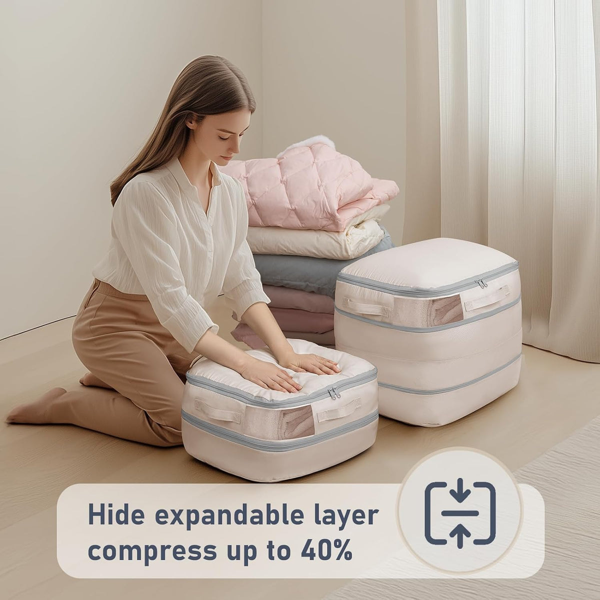 DIMJ Comforter Storage Bag - Blanket Storage Organizer Compression Bags, Large Capacity Ultra Space Saving Self Compression Organize for Bedding, Pillow, Duvet, Sheet Storage with Zipper Window