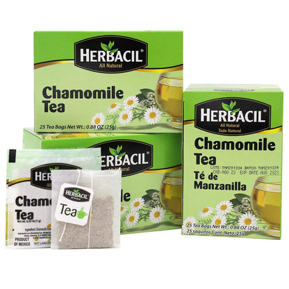 Herbacil Chamomile Tea, Herbal Blend Made with Chamomile Flowers, Caffeine-Free, All Natural, 3-pack of 25 bags per box (75 Tea Bags), 0.88 oz Each