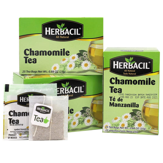 Herbacil Chamomile Tea, Herbal Blend Made with Chamomile Flowers, Caffeine-Free, All Natural, 3-pack of 25 bags per box (75 Tea Bags), 0.88 oz Each