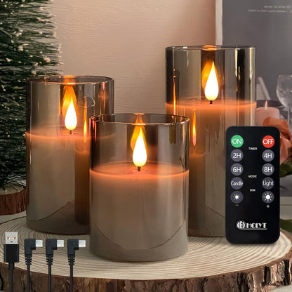 LEDHOLYT Rechargeable Flameless Glass Pillar Candles–Gifts for Women,–Set of 3, Realistic Flickering LED Flame,Remote & Timer, Ideal for Living Room, Bedroom & Halloween Festival Home Party Decor