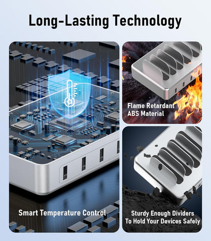 50W 6 Ports Multi Charger Station, USB Charging Dock for Multiple Devices