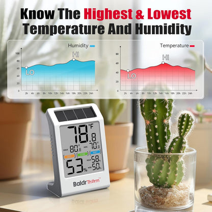 BaldrTherm Room Thermometer Indoor Humidity Meter Solar Powered with Max/Min Memory & Comfort Indicator - 3.2" Large Display for Home, White