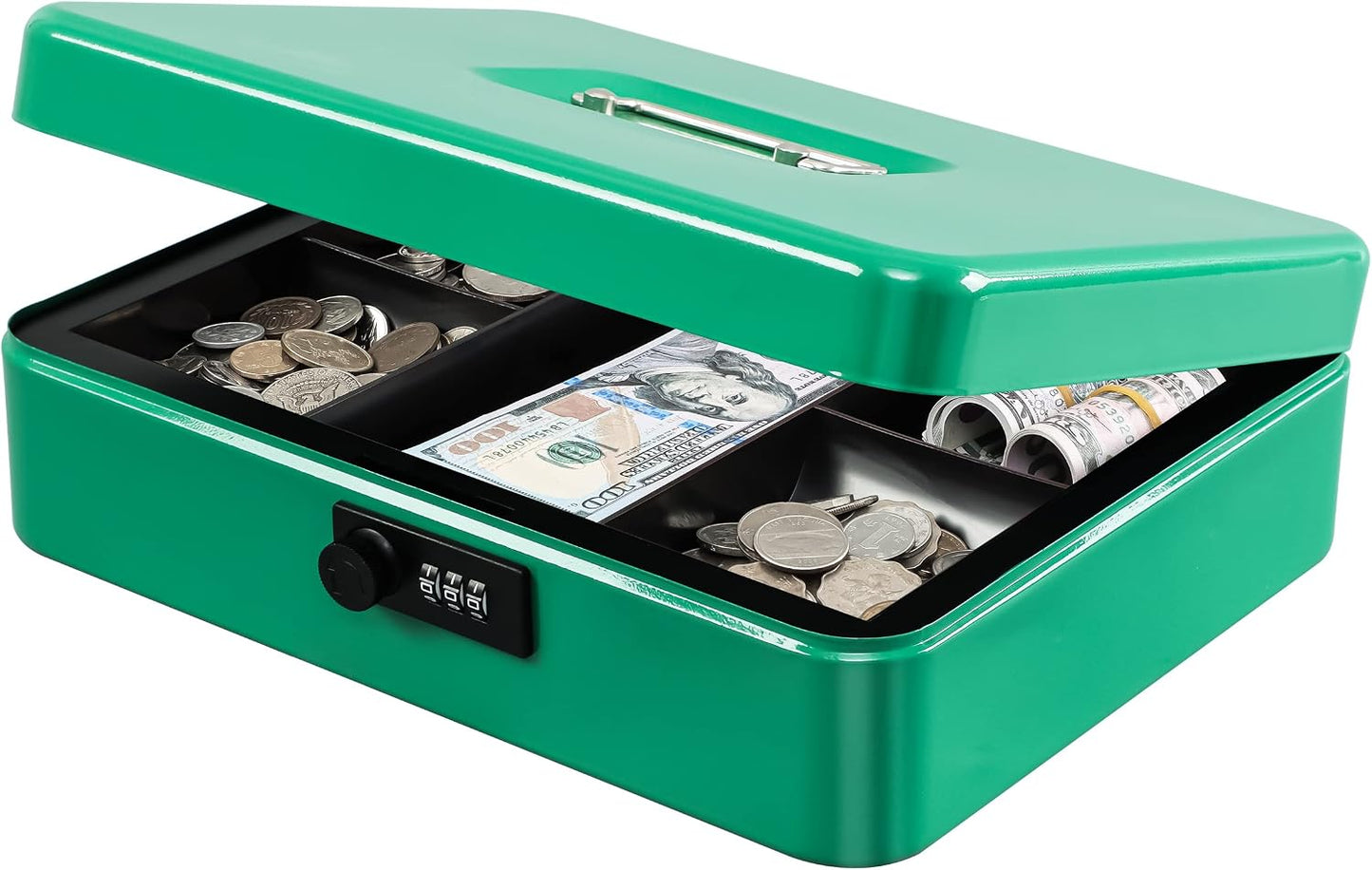 KYODOLED Cash Box with Combination Lock Safe Metal Money Box with Money Tray for Security Lock Box 7.87"x 6.30"x 3.35" Black
