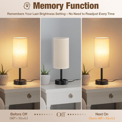 Touch Bedside Table Lamp with Memory - Stepless Dimmable Lamp for Bedroom, Small Nightstand Lamp with Dual USB Charging Ports and AC Outlet, Wood Night Light, Desk Lamp for Nursery, Living Room, Dorm
