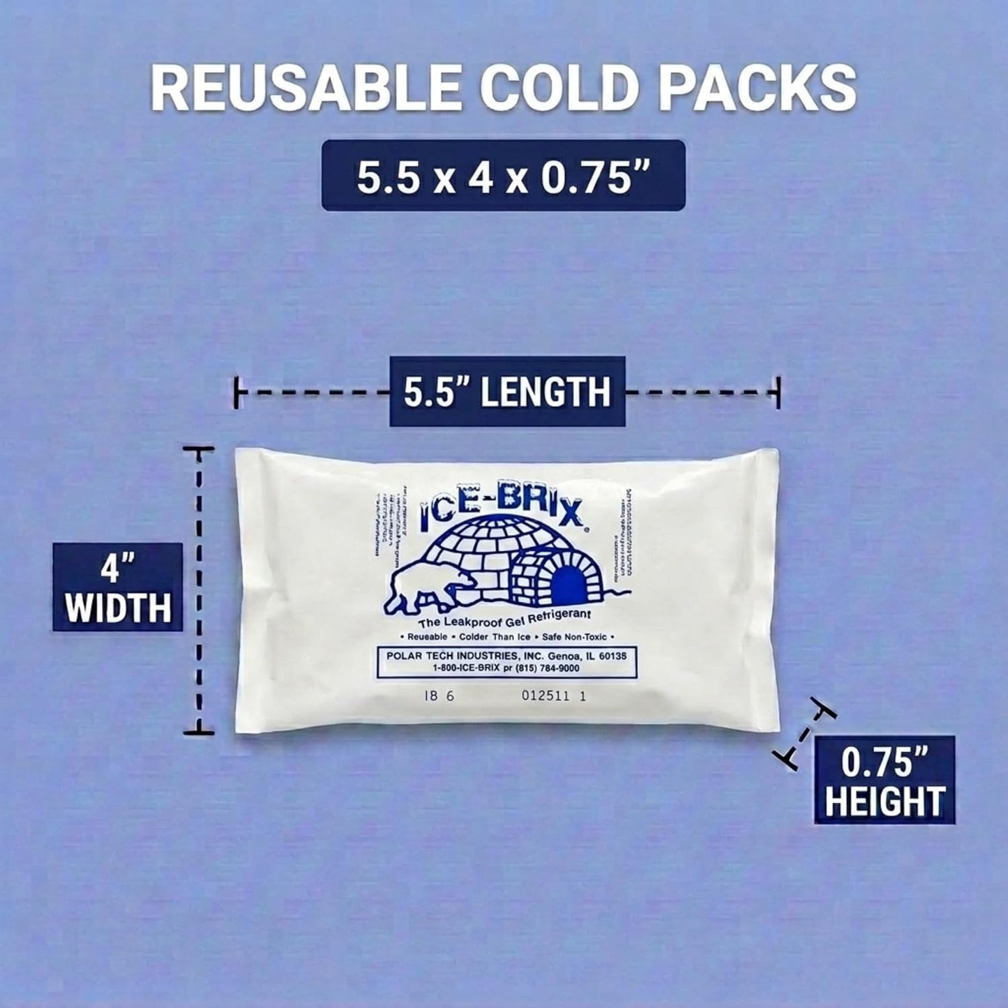 ICE-BRIX Reusable Gel Ice Packs for Shipping, 5 x 2.75 x 0.75 in, 3 oz White (96 Pack) - Compact Cold Packs for GLP-1 Medication Mailers, Lunch Boxes, Small Coolers, Frozen Food & Perishables