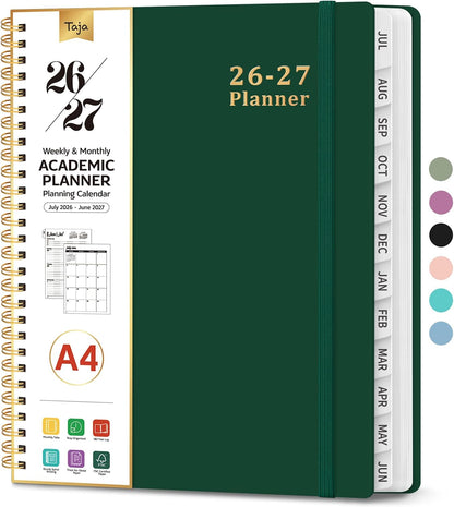 Planner 2026-2027, 8.5" x 11" Weekly and Monthly Academic Year Planner Calendar, July 2026 - June 2027, Hardcover Large School Planning Agenda With Tabs, Perfect for School & Office Supplies, A4, Green